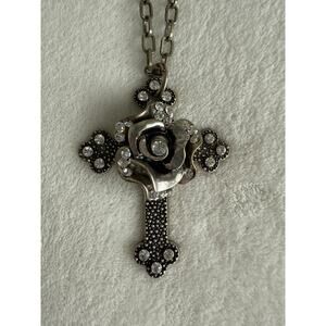 Vintage VCLM Cross Pendant Necklace Rose Design Rhinestone Crystal Silver Tone